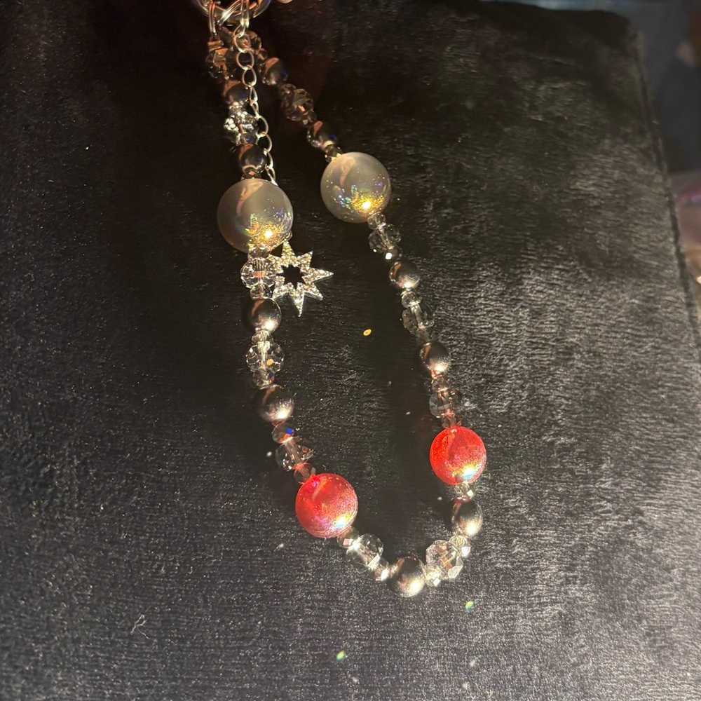 Elegant Silver and Red Beaded Keychain Wristlet
